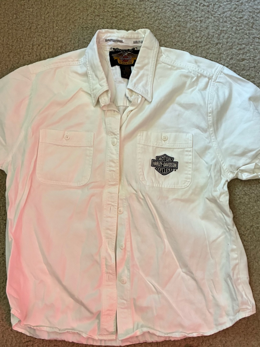 Harley-Davidson White Short Sleeve Button-Down Pocket Shirt with Logo Patch